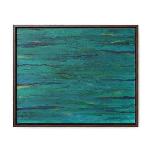  This abstract painting features a rich turquoise background with subtle variations and soft, wavy lines in darker blue and gold, evoking light on water. Framed in sleek black, it adds a calming touch, perfect for modern decor enthusiasts.